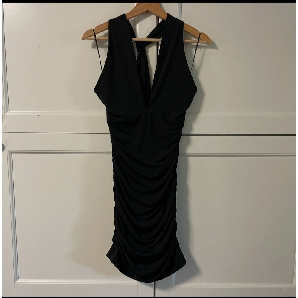 Abercrombie & Fitch Black Ruched Halter Neck V-Neck Bodycon Mini Dress Small